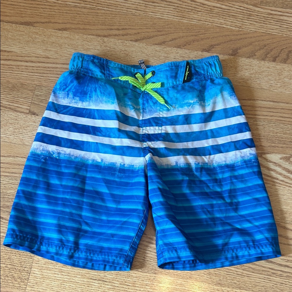 ZeroXposur Blue Striped Boys Swim Trunks with Neon Drawstring